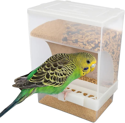 Old Tjikko No Mess Bird Feeder for Cage, Automatic Acrylic Seed Container with Large Hook, Install-Free Parrot Feeder for Budgerigar, Canary, Cockatiel, Parakeet, Finch