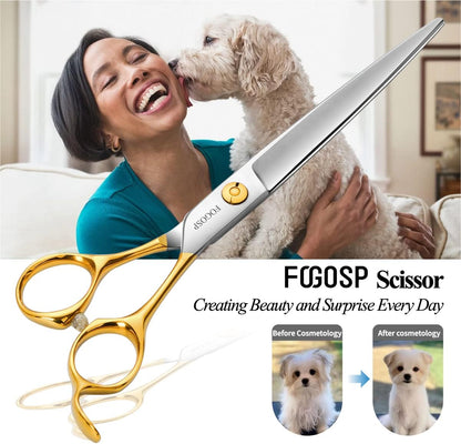 Professional Dog Grooming Scissors Straight 7" Pet Grooming Shears for Cutting Small Dogs Cat Thick Hair Japan 440C Stainless Steel Right Handed(7 in Straight, Gold)