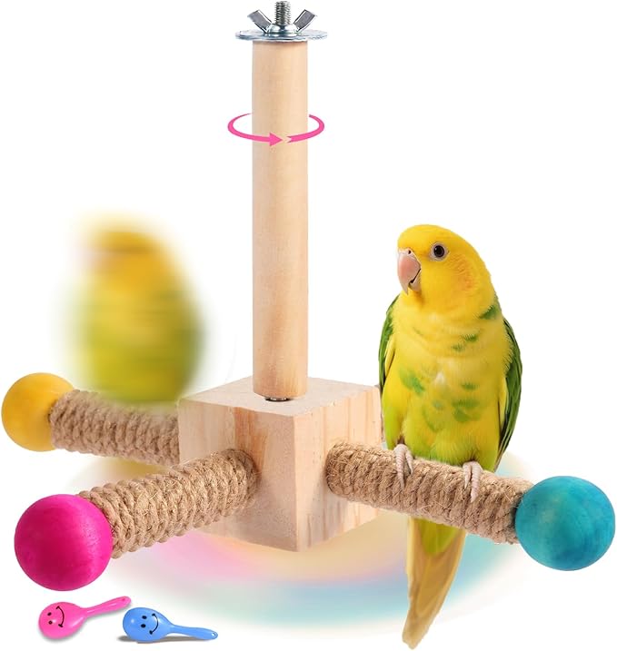 Kyouki Bird Perch Toy - Suitable for Small & Medium Parrots: Conures, Cockatiels, Lovebirds, Parakeets, Quakers, Caiques, Pionus | 360° Spinning Stand (Primary Colors, Medium Size)