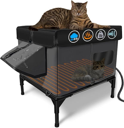 Heated Cat House for Outside Insulated in Winter,Fully Waterproof,with Adjustable Awning,Escape Door,Indoor Outdoor Cat Shelter for Feral Stray Barn Cat to Stay Warm&Dry,Black/Gray,Medium