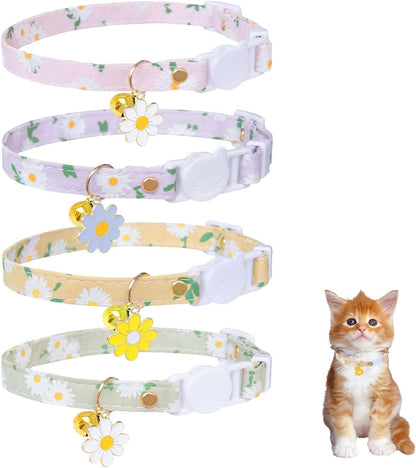 4 Pack Cotton Breakaway Cat Collar with Bell,Safety Adjustable Cat Collars Set with Flower Pendant,Ideal for Girl Cats Boy Cats