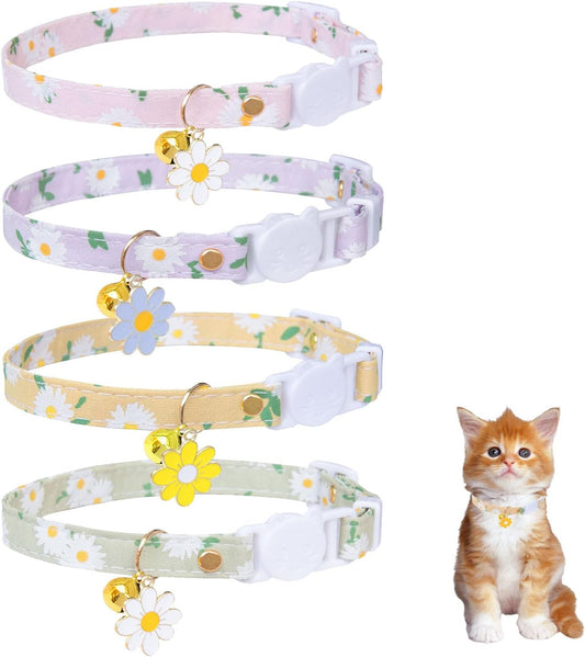 4 Pack Cotton Breakaway Cat Collar with Bell,Safety Adjustable Cat Collars Set with Flower Pendant,Ideal for Girl Cats Boy Cats