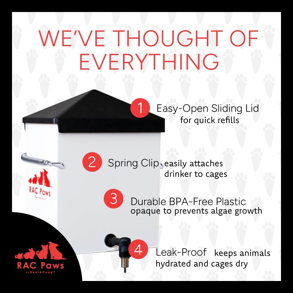 RentACoop 64oz(2L) Small Animal Drinker with No-Drip Brass Nozzle - Suitable for Small Pets, Bunnies, Hamsters, Guinea Pigs, Hedgehogs, Rabbits, Chinchillas, Mice and Rats