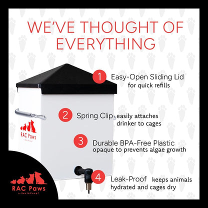 RentACoop 64oz(2L) Small Animal Drinker with No-Drip Brass Nozzle - Suitable for Small Pets, Bunnies, Hamsters, Guinea Pigs, Hedgehogs, Rabbits, Chinchillas, Mice and Rats