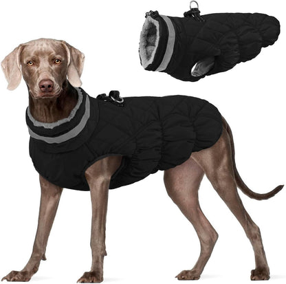 FUAMEY Dog Coat for Large Dogs,Waterproof Dog Winter Jacket with Harness Built in Puppy Cold Weather Coats Reflective Pet Vest with Zipper Warm Fleece Dogs Snowsuit Windproof Solid Black 3XL