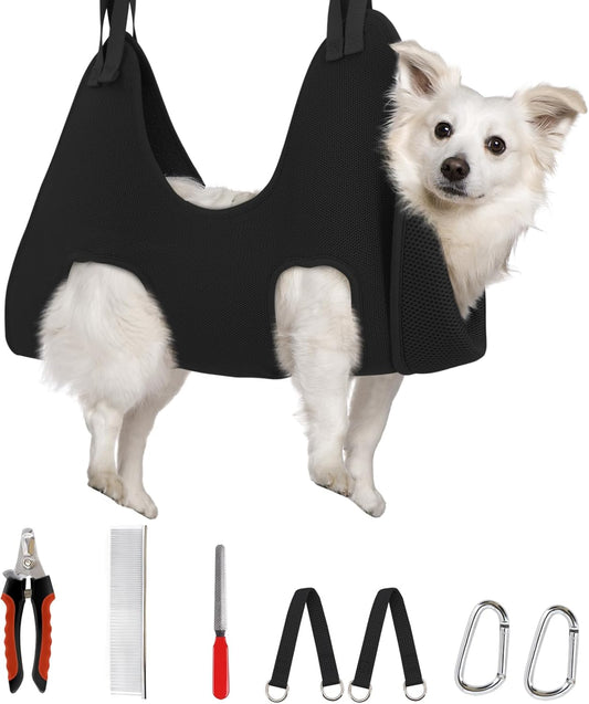 Supet Dog Grooming Hammock Harness for Dogs Cats, Relaxation Pet Nail Clipper Hammock, Restraint Dog & Medium Animal Leashes Sling for Groomingk for Nail Trimming (Black, M)