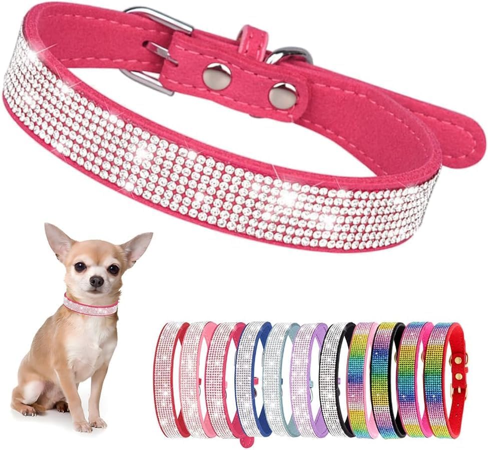 Serijoars Small Dog Collar with Rhinestone Crystal Diamond Colorful Bling Girl Puppy Cat Collars (S, Hot Pink)