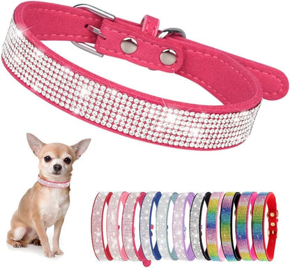 Serijoars Small Dog Collar with Rhinestone Crystal Diamond Colorful Bling Girl Puppy Cat Collars (M, Hot Pink)