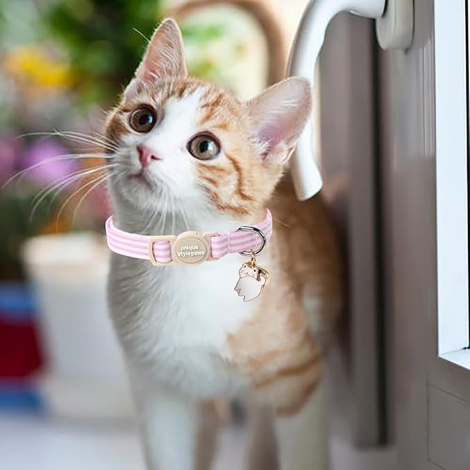 Unique style paws 2 Pack Spring Summer Kitten Collar Breakaway with Bell&Pendant, Adjustable Safety Blue Pink Stripe Cat Cotton Collar for Girl Boy Cat and Small Pet