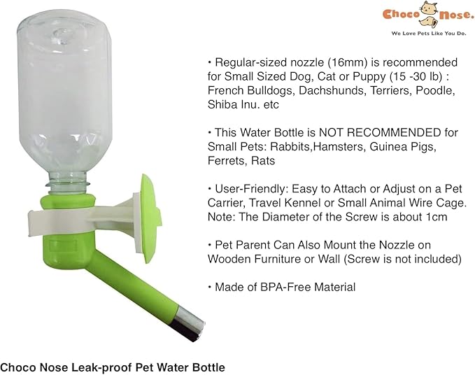 Choco Nose Patented No-Drip Dog Water Bottle/Feeder for Dogs/Cats and Other Small-Medium Sized Animals - for Cages, Crates or Wall Mount. 11.2 Oz. Mess Free Leak-Proof Nozzle 16mm, Apple Green (H590)