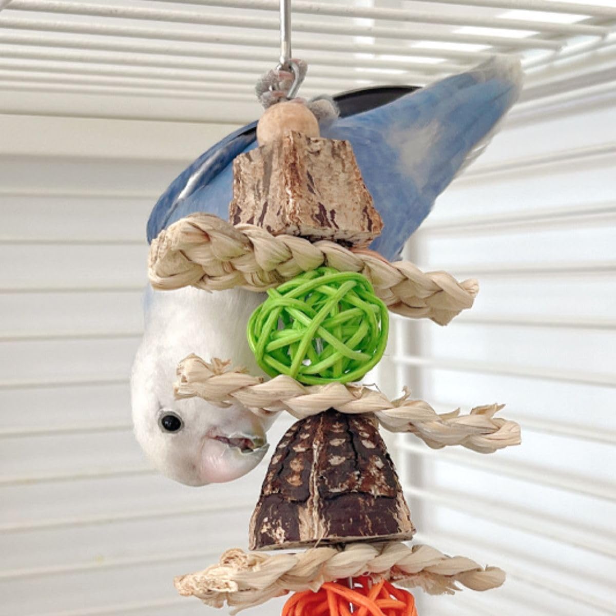 Parrots Chewing Toy Wood Block Nut Rattan Ball Corn Husk with Hanging Hook Entertainment Toy Wood Bird Toy for Parrots Chewing Block Cage Toy Accessories for Cockatiel Parakeets Random Color (2 Pcs)