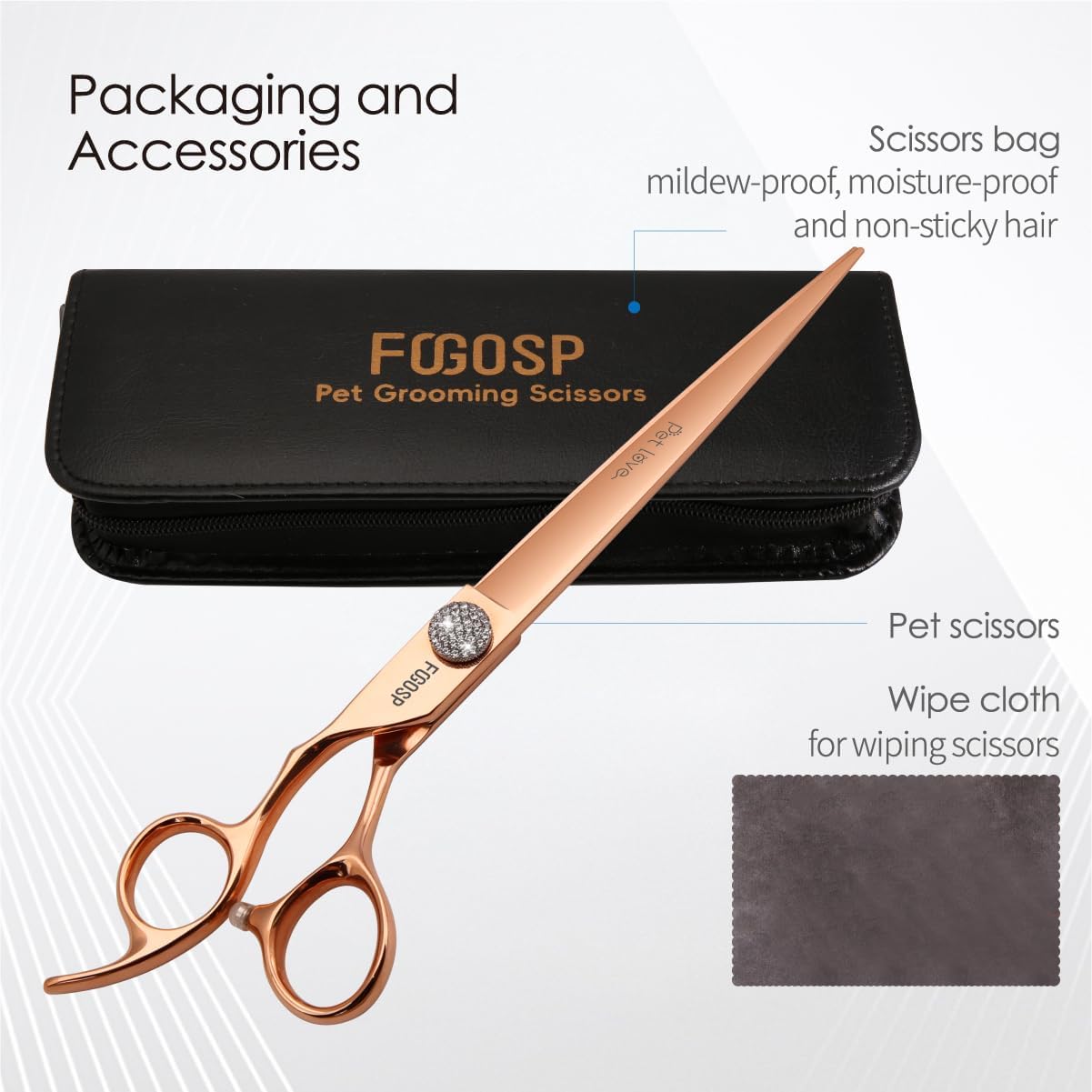 8'' Professional Left Handed Dog Grooming Scissors Straight Long Large Grooming Shears for Dogs Pet Rose Gold Titanium Japan 440C Lefty Hand Dog Hair Cutting Scissors for Poodle(8,Straight)