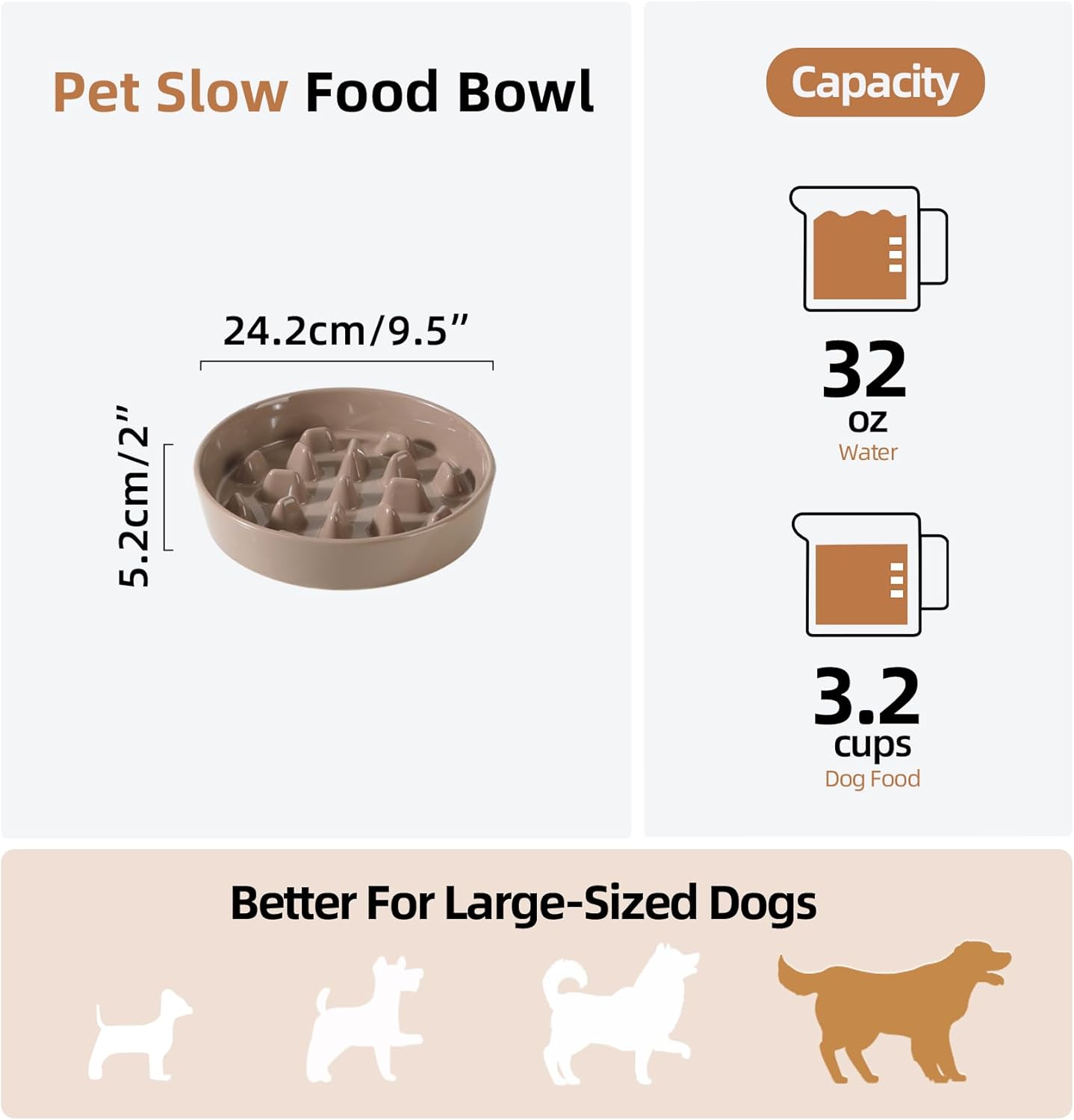 Ceramic 3.2 Cup Dog Bowl Slow Feeder, 9.5 inch Slow Pet Food Dish for Large Dog, Stop Bloat, Preventing Choking(Single Bowl, Brown Coffee)