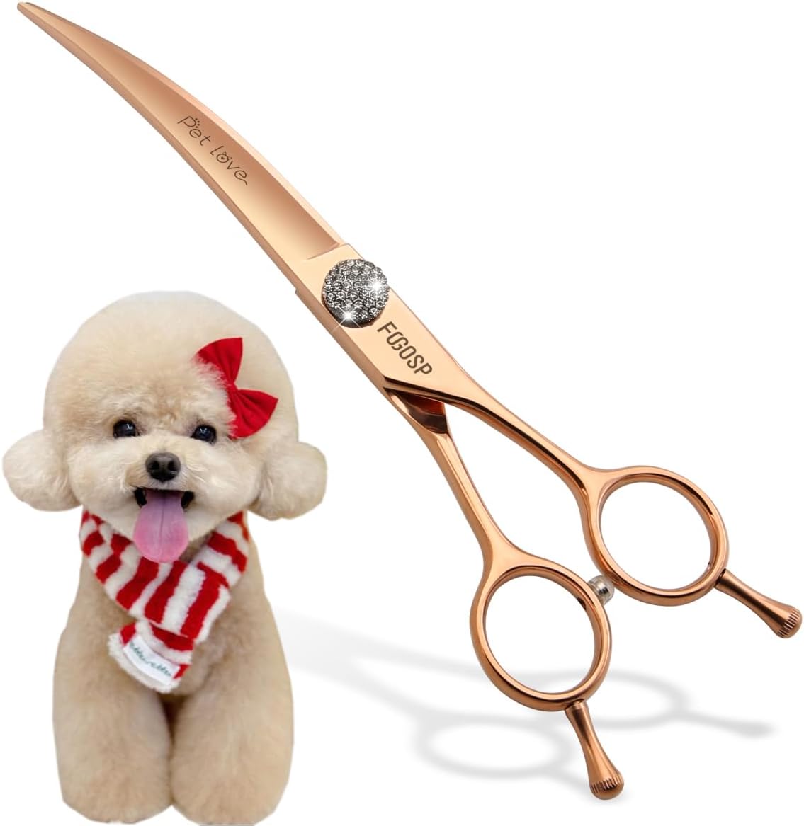 Rose Gold Titanium Curved Dog Grooming Scissors Reverse 7'' Downward 30° with Jewelled Screw Japan 440C Professional Pet Grooming Trimming Shears for Dogs Suzhi Teddy(7,Curved)