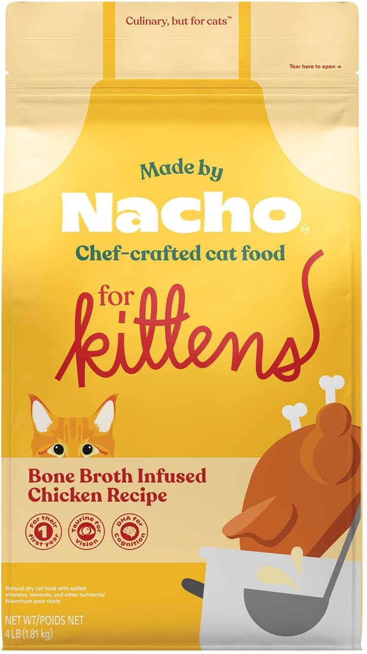 Made by Nacho Kitten Dry Kibble Infused with Bone Broth, Healthy High Protein Cat Food, Cage-Free Chicken and Chicken Liver, 4lb Bag