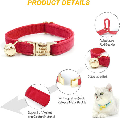 Personalized Cat Collar with Bells,Velvet Customized Small Cat Collar with Name Tag,Pet Collar with Name Phone Number Engraved ID Tags for Boy and Girl Kitten Cats (Wine Red)