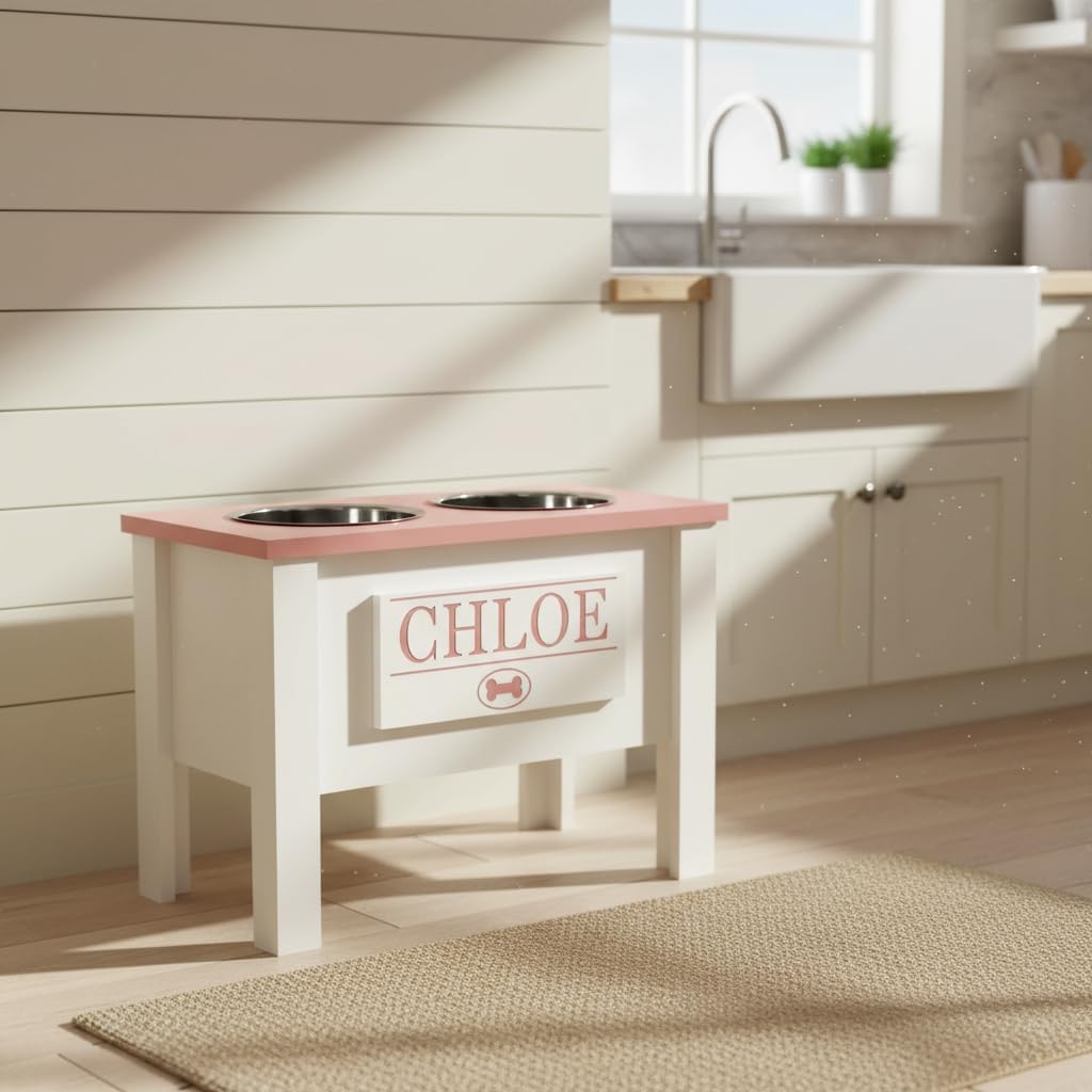 GrooveThis Woodshop - Personalized Elevated Dog Bowl Stand for Large, Medium, Small, X-Small Dogs - Stainless Steel Food and Water Bowls - Raised Dog Dish (X-Large, Magenta)