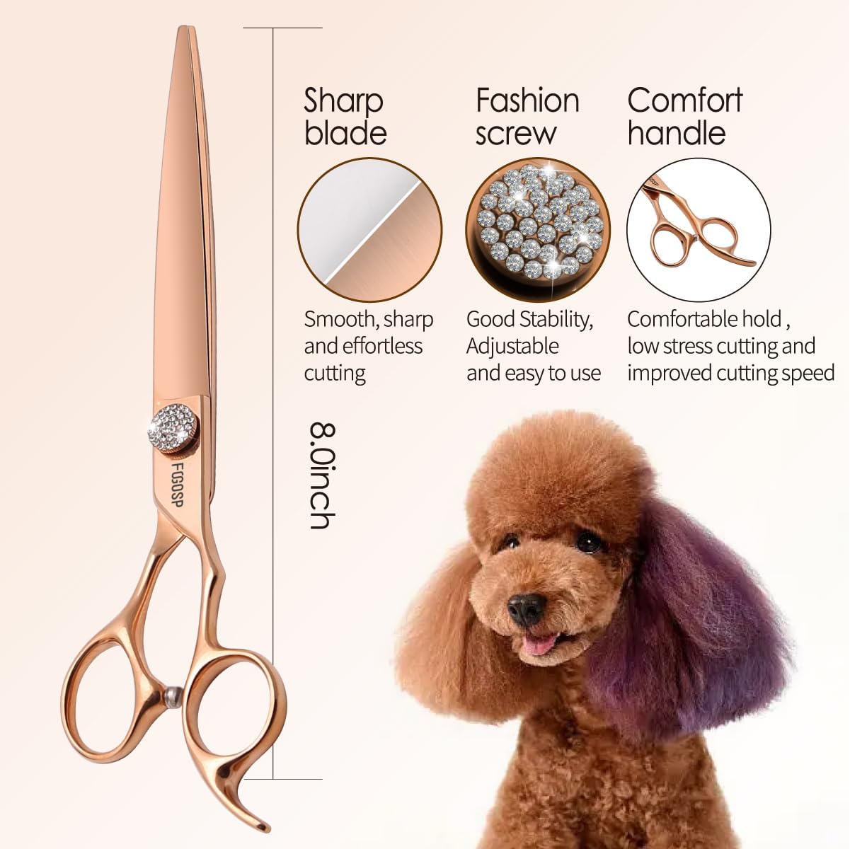 Rose Gold Titanium Professional 8'' Straight Dog Grooming Scissors Long Large Grooming Shears for Dogs Pet Japan 440C Right Handed Dog Hair Cutting Scissors for Poodle(8,Straight)