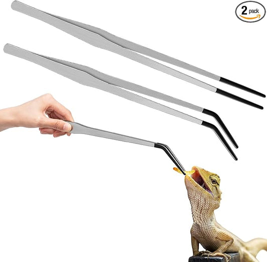 Lasnten 2 Pcs Extra Long Stainless Steel Reptile Feeding Tongs with Rubber Tip Bearded Dragon Aquarium Straight and Curved Long Tweezer Terrarium Feeder Tool for Tank(Silver, 15 Inch)