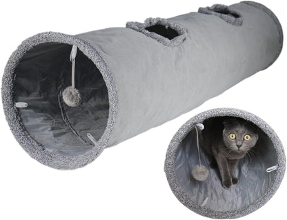 Cat Tunnel for Indoor Cats, 51×12 inch Foldable Big Cat Tunnel, Grey Suede Pet Tunnels with Two Peepholes and a Bubble Ball
