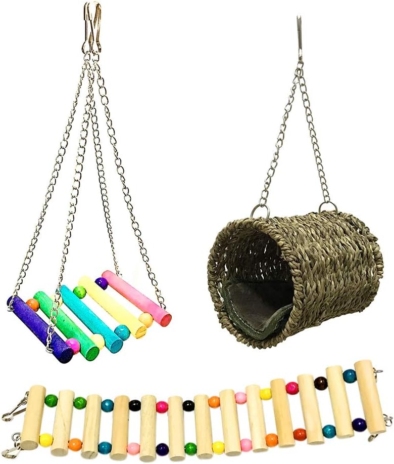 Leeko Pet Hammock Hamster Hanging Toy, 3 Piece Set House Hanging Bed Cage Toys for Small Animal Sugar Glider Squirrel Chinchilla Hamster Rat Playing Sleeping