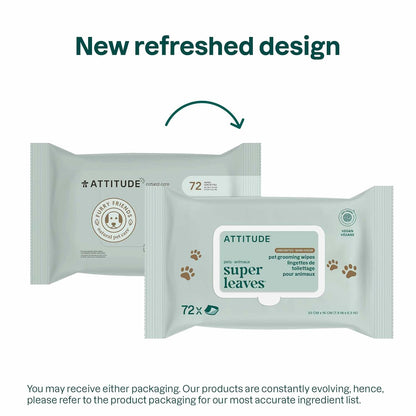 ATTITUDE Pet Wipes for Dogs & Cats, 99% Water, EWG Verified, Gentle & Unscented Cleaning Wipes for Paws, Ears, Face & Body, Deodorizing, Safe for Puppies & Kittens, 72 count