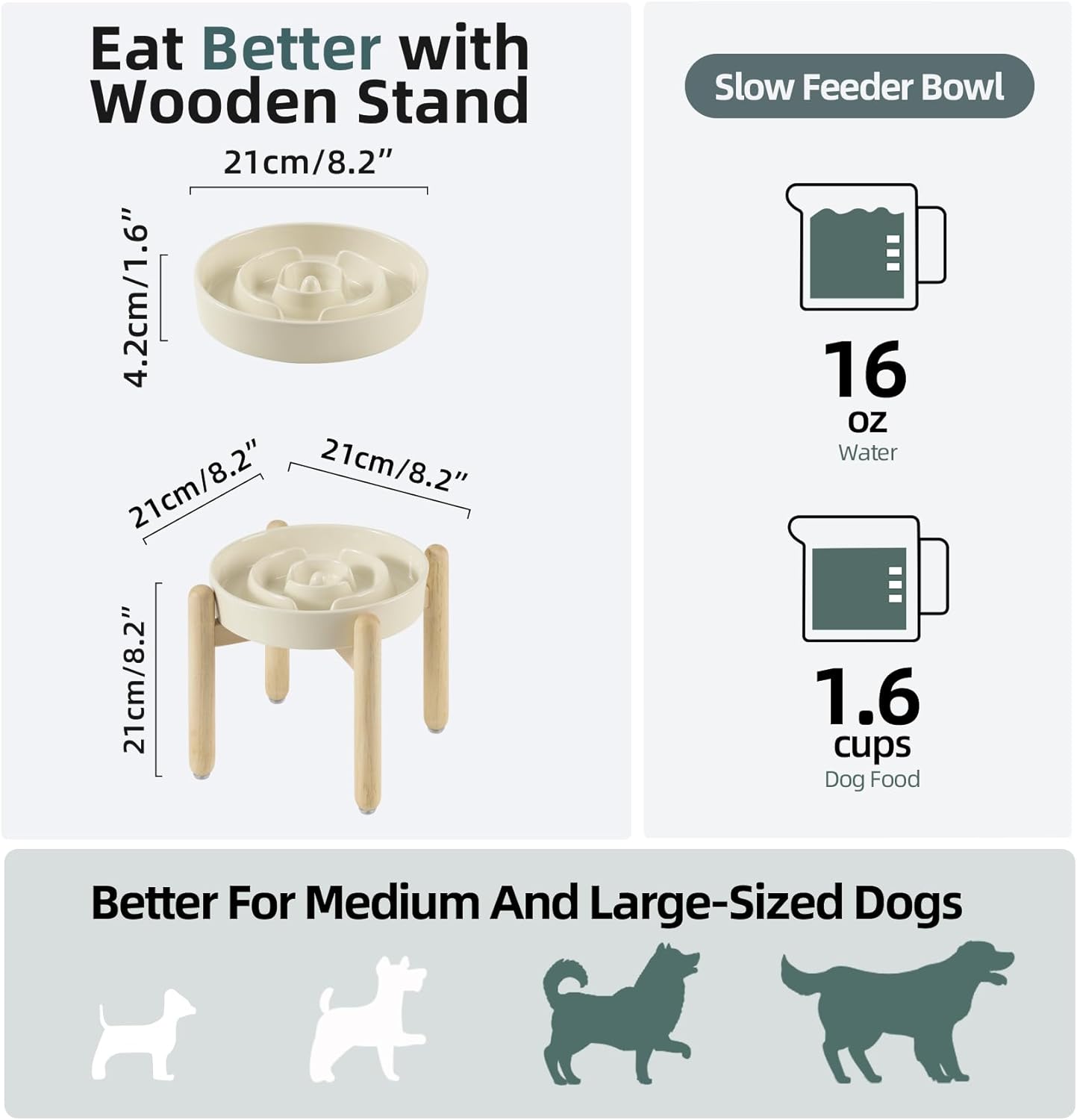 Ceramic 1.6 Cup Raised Slow Feeder Dog Bowl Set, Elevated Wooden Stand for Medium and Large Dog, 8.2inch Puzzle Slow Dish, Anti-Gulping(Beige, Single Bowl+ Stand)