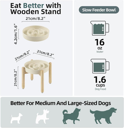Ceramic 1.6 Cup Raised Slow Feeder Dog Bowl Set, Elevated Wooden Stand for Medium and Large Dog, 8.2inch Puzzle Slow Dish, Anti-Gulping(Beige, Single Bowl+ Stand)