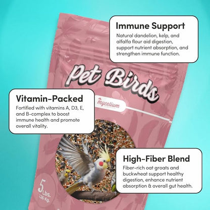 Mycelium Pet Bird Superfood | Organic, Non-GMO Bird Food for Cockatiels, Parakeets, Conures, and Lovebirds | High-Nutrition Blend with Vitamins, Whole Eggs, Safflower, and Whole Hemp Seed, 5 lbs