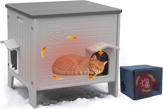 Insulated Cat House Outdoor Weatherpoof Plastic Cats Houses with Escape Door Indoor Waterproof Feral/Pet Cat Shelter Outside for Puppy, Rabbit for Winter (Grey)