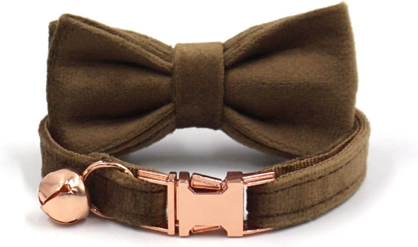 Personalized Cat Collar with Bells,Velvet Customized Small Cat Collar with Name Tag,Pet Collar with Name Phone Number Engraved ID Tags for Boy and Girl Kitten Cats (Brown)