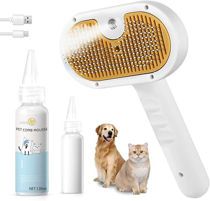 Pet Steam Brush for Dog & Cat – 3-in-1 Spray Hair Removal Comb – Steam for Shedding & Grooming – Water Brush for Long & Short Haired Pets – Spritz Defur Comb – Includes Waterless Shampoo