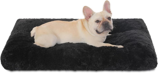 Bedfolks Waterproof Crate Pad, Plush Faux Fur Dog Bed With Removable Cover for Medium Dogs, Fluffy Washable Kennel Bed 29"x21", Black