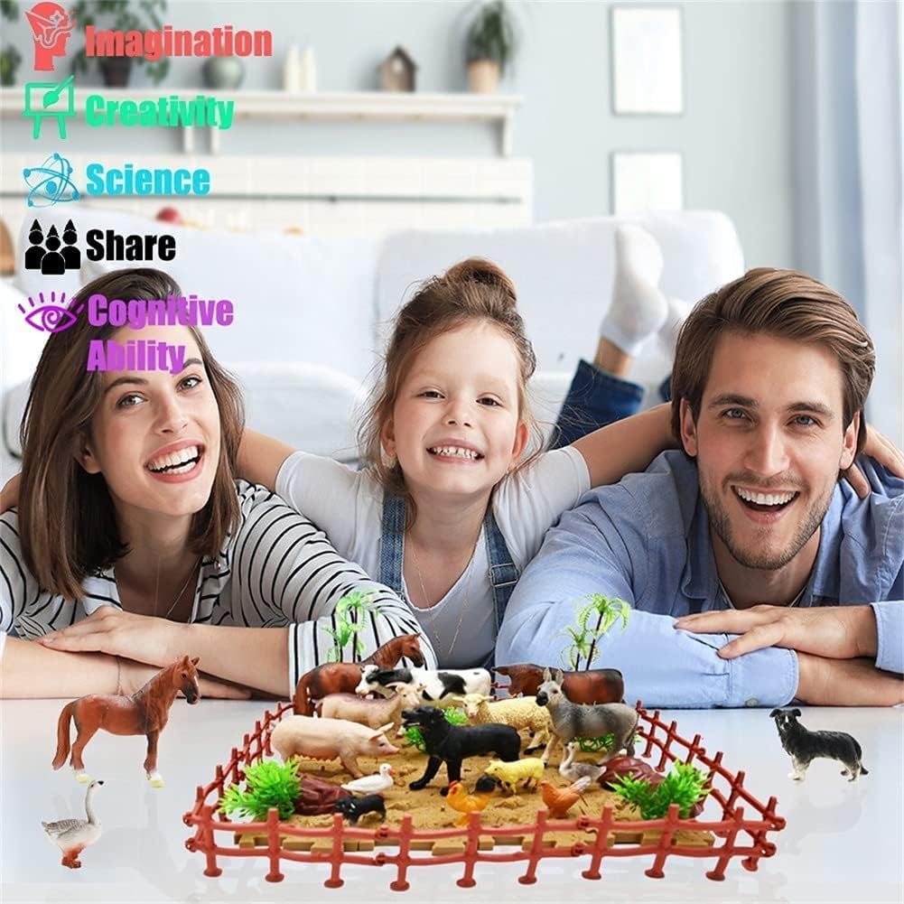 BOLZRA Farm Animal Figurines, Realistic Plastic Animals Toys with Fences Building Blocks, Farm Figures Playset Educational Birthday Gift for Kids & Toddlers, 53 PCS