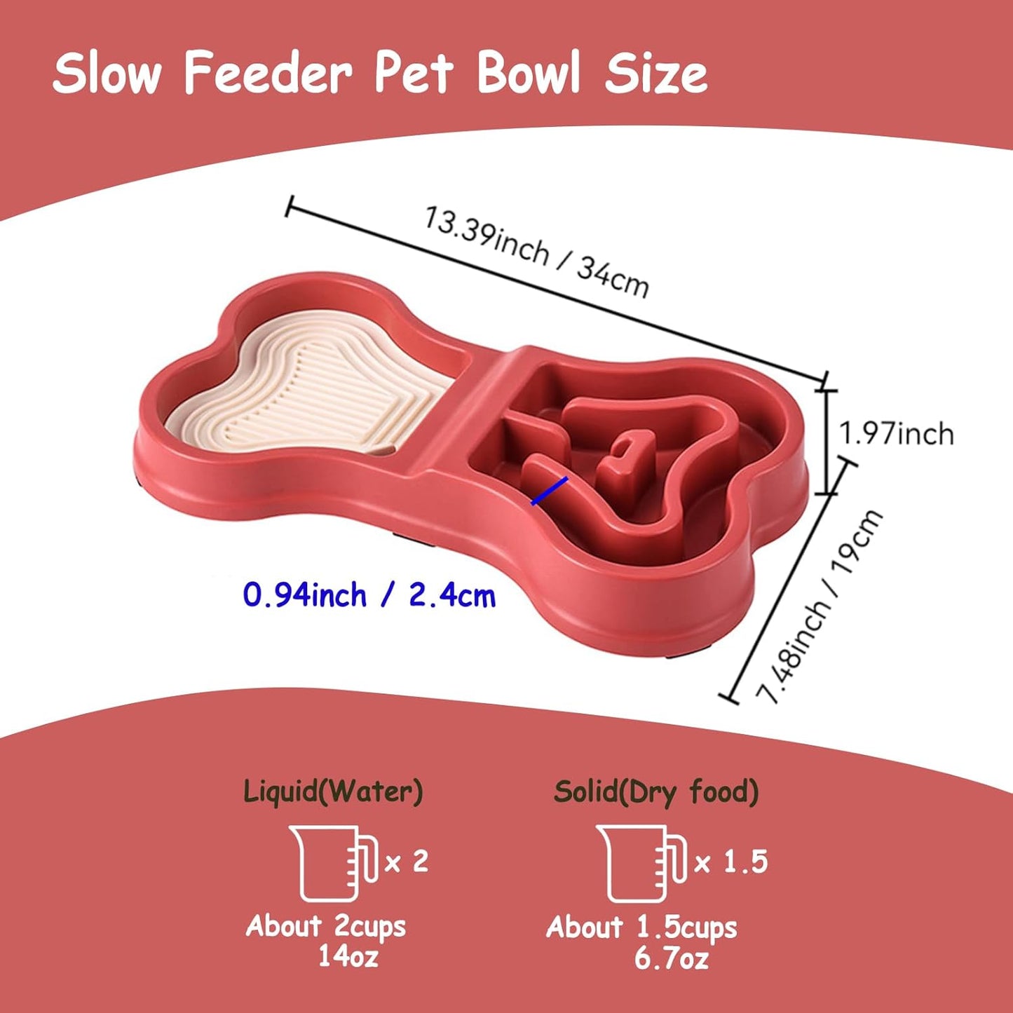 Bone Slow Feeder Bowl for Dogs Cats - 2-in-1 Lick Mat & Water Dish with 6 Non-Slip Pads, Food-Grade PP & Silicone Pet Bowl for Anti-Choking，Fun Feeding，Anxiety Relief (Red)