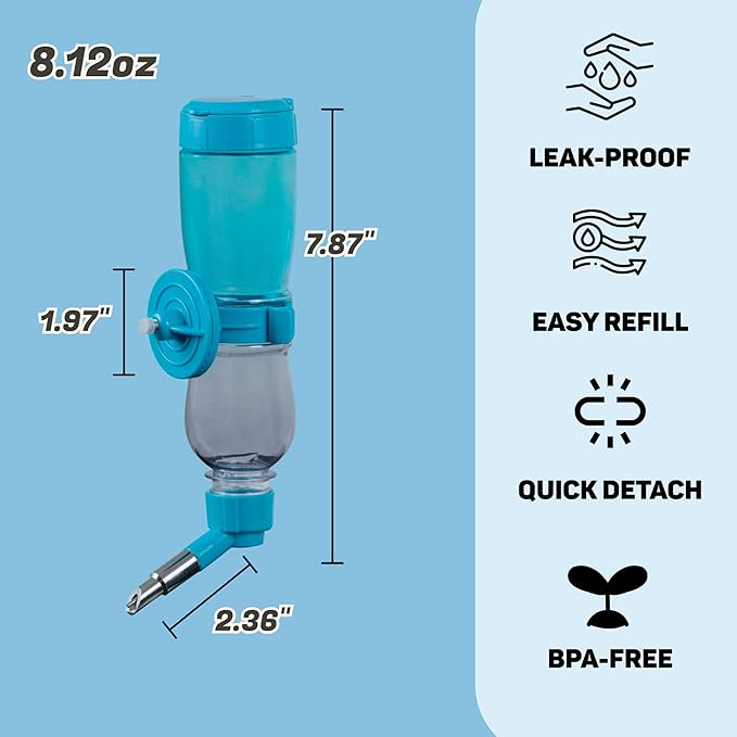 Leak-Proof Small Animal Water Bottle for Chinchillas, Birds, Hamsters, Guinea Pigs, Rabbits and Other Small Pets. (Blue, 8.12oz)