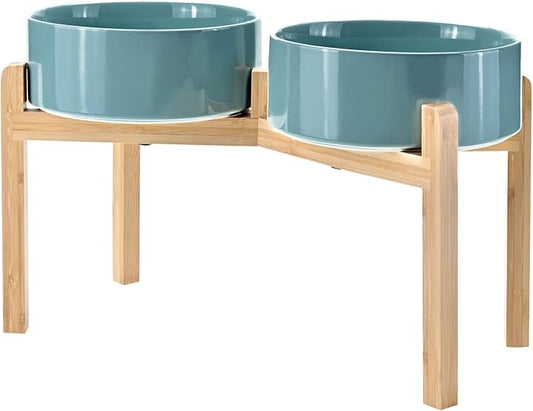 SPUNKYJUNKY Elevated Dog Bowls Ceramic, 8.3'' Dogs Food Water Bowls Raised with Non-Slip Bamboo Stand for Large Sized Breed Microwave Dishwasher Safe - 60 OZ,Dark Green