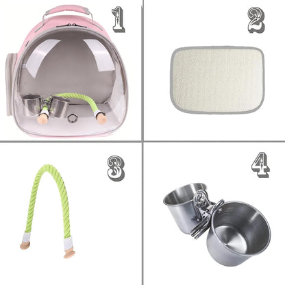 halinfer Small Bird Travel Backpack Carrier Cage with Cups, Backpack to Transport Backpack Carrier with Clamp Cups Stand Perch for Parakeet Cockatiel Budgies Vet Carry Book Bag Pink