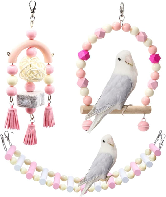 3PCS Bird Toys Bird Foraging Toys Chewing Hanging Birdcage Swing Cage Accessories Parrot Climbing Ladder for Conure Parakeet Cockatiel Budgies Lovebird Parrotlet (Pink)