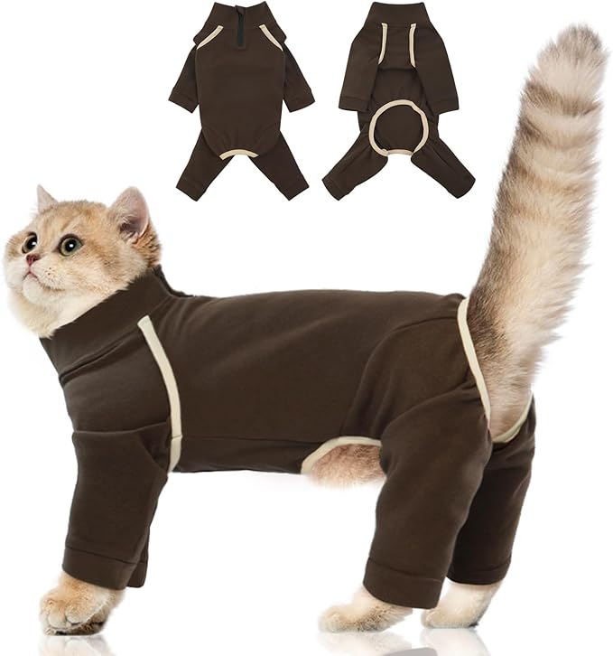 Cat Onesie with Legs - Coffee, XS - Cat Hair Sticky Onesie, Sphynx Cat Clothes, Cat Pajamas for Cats, Recovery Suit for Female Cats, Prevents Hair Loss Kitten Pajamas Costumes Outfits