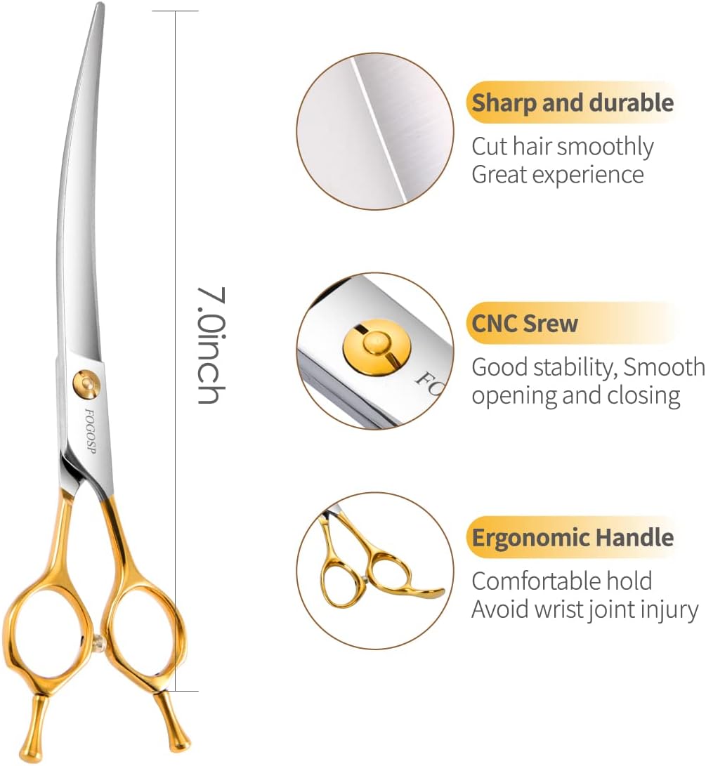 Curved Dog Grooming Scissors Professional 7" Grooming Shears for Dogs Pet Right Handed Groomer Japan 440C Stainless Steel (7 in Curved, Gold)