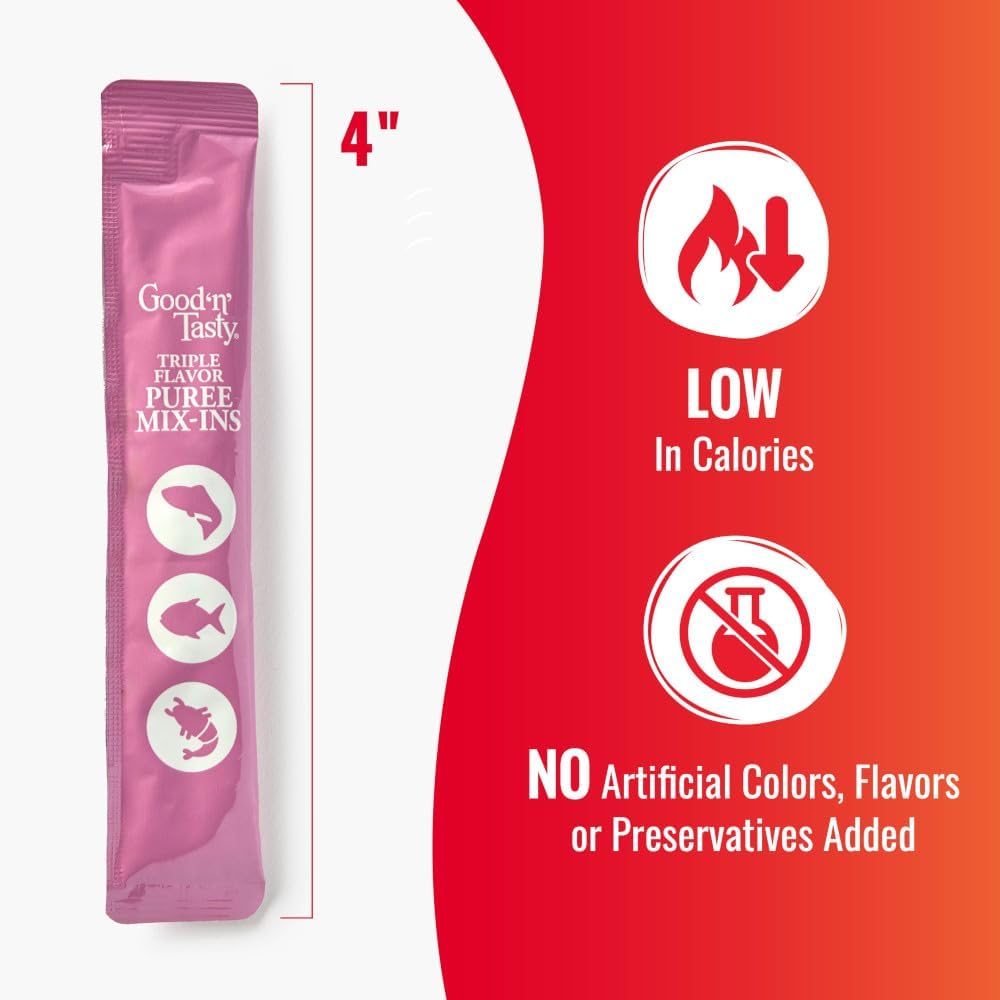 Good 'n' Tasty Triple Flavor Puree Mix-Ins Dog Food Topper Treats for All Dogs, 7 Count, Easy Single-Serve Portions, Added Protein with Salmon, Tuna and Krill, No Chicken or Beef Added