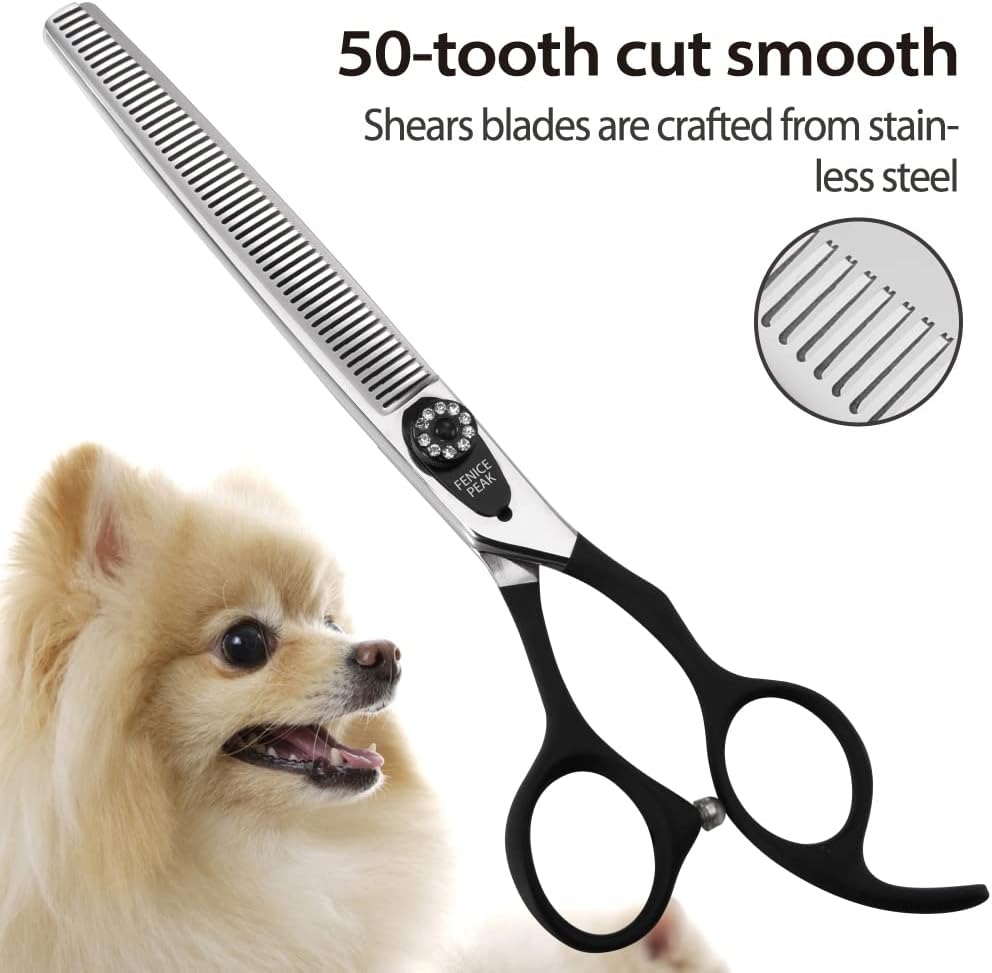Fenice Peak 7.5'' Dog Thinning Scissors For Grooming 440C Stainless Steel Black Non-Slip Handle Sharp Blades Professional Pet Trimming Scissors for Cats Thinning Rate 35%