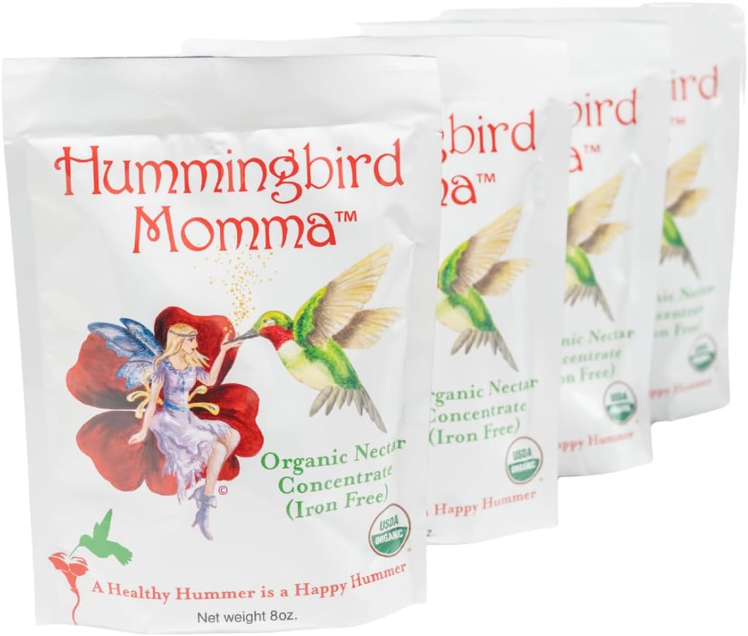 USDA Organic Hummingbird Nectar, Iron-Free, 4 x 8oz Concentrate Pouches, All-Natural, Dye-Free Nectar for Backyard Feeders, Hummingbird Food Mix for Outdoor Bird Lovers