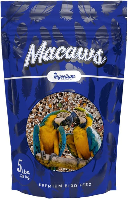 Mycelium Premium Macaw Food | High Protein & Fiber | Safe & Clean Pet Bird Food | Nut Seed Blend with Vitamins, Corn, Buckwheat, Sunflower, Peanuts & Whole Hemp Seed | Organic, Non-GMO 5 lb Bag