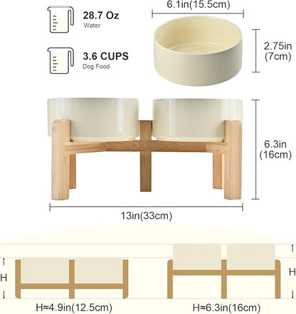 SPUNKYJUNKY Elevated Dog Bowls Ceramic, 6.1'' Dogs and Cat Food Water Bowls Raised with Non-Slip Bamboo Stand for Medium Sized Breed Microwave Dishwasher Safe - 28.7 OZ,Beige