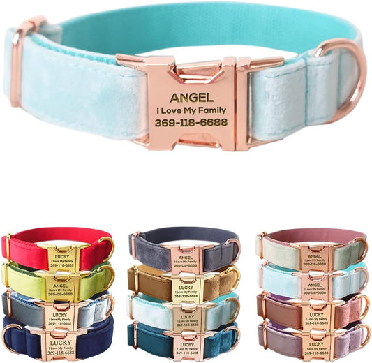 PETDURO Custom Dog Collar Personalized with Name Engraved Quick Release Rose Gold Metal Buckle for Large Medium Small Girl Dogs - Dog Leash and Bow Tie Available - Soft Comfy Velvet (Mint Blue, S)