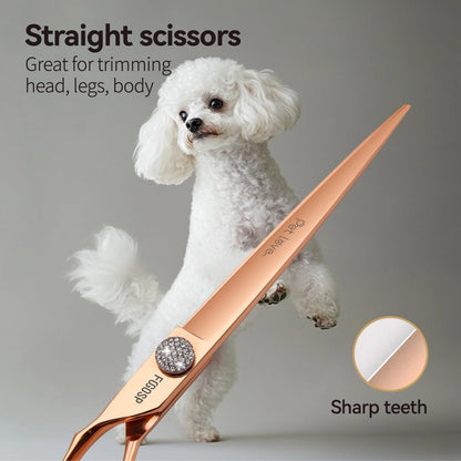 Left Handed Dog Grooming Scissors Set 4PCS Rose Gold Titanium Curved Thinning Straight Chunkers Shears Kit with White Artificial Diamonds Ergonomic Offset Handle Japan 440C