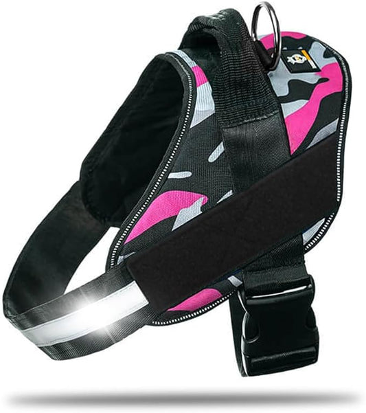 Non Pull Dog Harness with Patch Panels and Handle, Adjustable, Reflective, No Choke, Heavy Duty Easy On Service Dog Vest Harnesses for Medium Large Small Sized Dogs - Camouflage Pink, 2XL