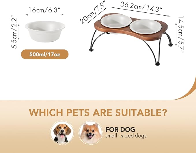 Ceramic 6.3-inch Raised Double-Bowl Set with Non-Slip Stand, Food & Water Dishes for Small and Medium Dogs, Wide Opening with Rounded Edges(Matt White)